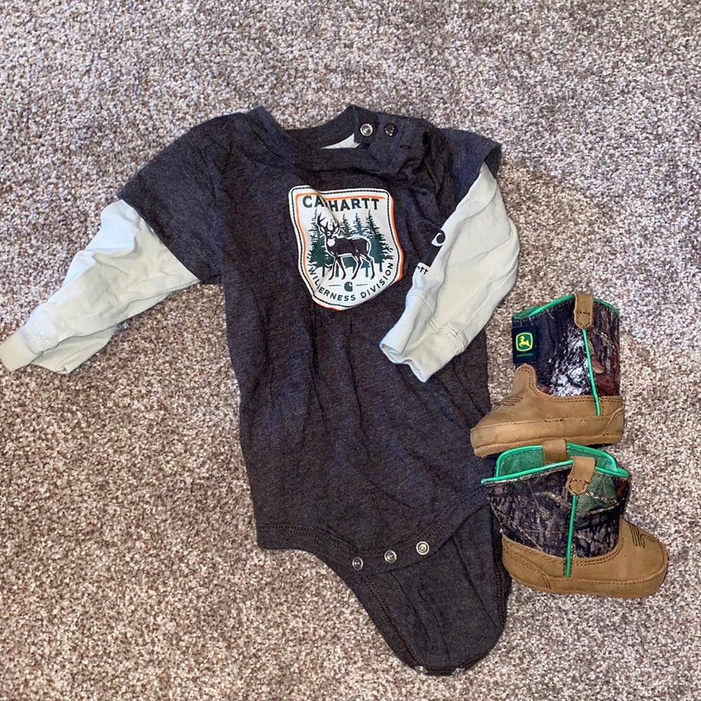 Baby John Deere boots and Carhart long sleeve onesie